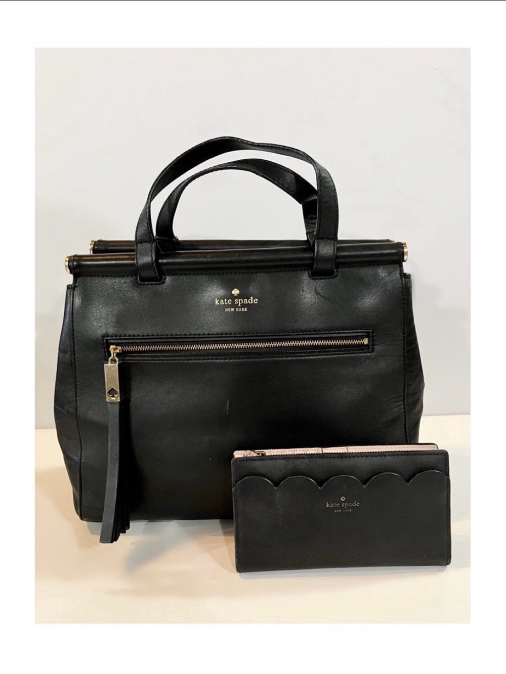 kate spade Black Leather Satchel with Scallop Wallet